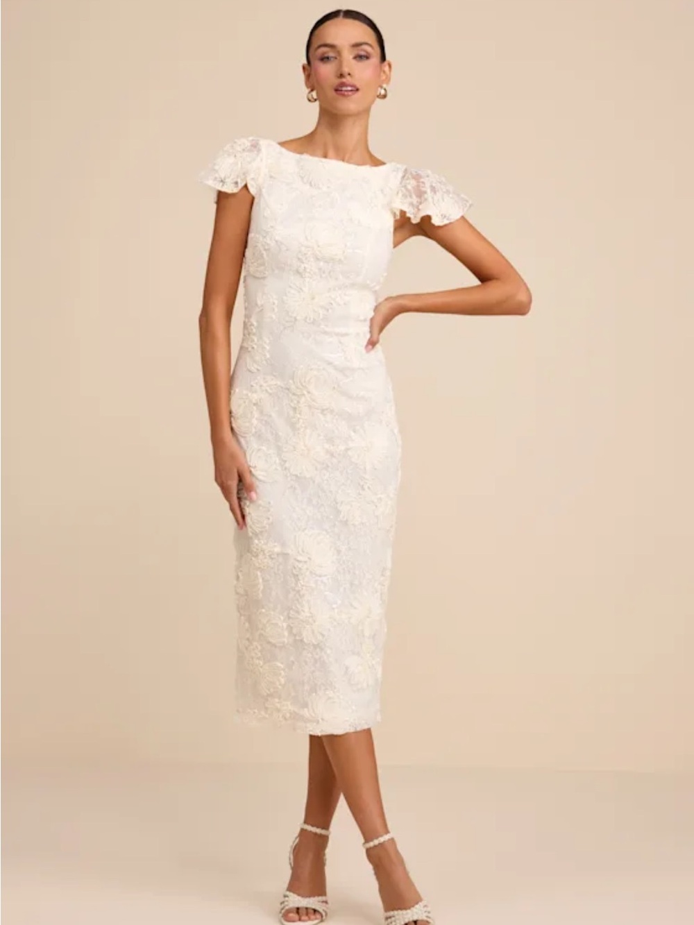 NWOT Lulus Kenna Ivory Lace Flutter Sleeve Midi Dress
